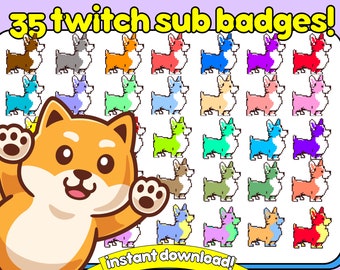May include: 35 colorful digital badges featuring a cartoon corgi dog in various poses. The text "35 twitch sub badges!" is at the top of the image. The text "instant download!" is at the bottom of the image.