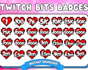 May include: A collection of Twitch Bits Badges in a pixelated heart design. The badges range from 1 to 5 million, with text such as "1", "100", "7k", "5k", "10k", "25k", "50k", "75k", "100k", "200k", "300k", "400k", "500k", "600k", "700k", "800k", "900k", "1m", "1.25m", "1.5m", "1.75m", "2m", "2.5m", "3m", "3.5m", "4m", "4.5m", and "5m".
