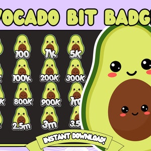 Avocado Bit Badges, Twitch Bits Badges, Cute Food Bits Badges, Chibi Food Twitch Avocado Bit Badges, avocado Twitch Emotes, Avocado emote