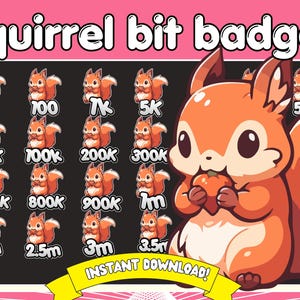 Könnte beinhalten: Ein Satz von 16 digitalen Abzeichen mit einem Cartoon-Eichhörnchen, das eine Nuss hält. Die Abzeichen zeigen verschiedene Bit-Beträge, beginnend bei 1 und steigend bis zu 3,5 Millionen.