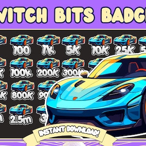 Puede incluir: Un conjunto de 14 insignias de Twitch Bits que muestran un coche deportivo azul con detalles en naranja. Las insignias muestran diferentes cantidades de Twitch Bits, comenzando por 1 y llegando hasta 3 millones.