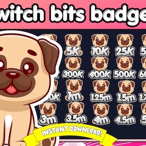 Twitch Bit Badges | Twitch Bits Badges Pug Twitch Bit Badges | Cute Dog Twitch | Frenchie Bits Badges | Cute Frenchie Emotes pug sub badges