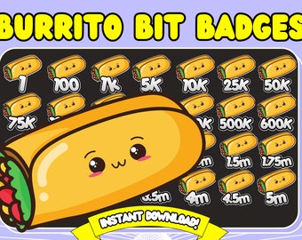 Burrito Bit Badges, Twitch Bits Badge, Cute Food Bits Badges, Chibi Food Twitch Burrito Bit Badges, Taco Twitch Emotes, food emotes twitch