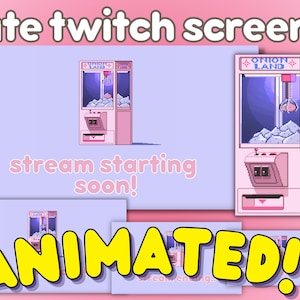 Può includere: Schermate Twitch animate rosa e viola con un design a macchina artiglio pixelato. Il testo include "cute twitch screens", "stream starting soon!" e "ANIMATED!". La macchina artiglio ha il testo "ONION LAND".