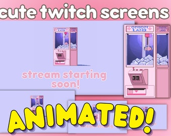 May include: Pink and purple animated Twitch screens with a pixelated claw machine design. Text includes "cute twitch screens", "stream starting soon!", and "ANIMATED!". The claw machine has the text "ONION LAND".