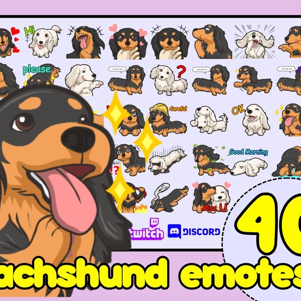 40 Long haired dachshund Twitch Emotes Bundle, dachshund emotes dog megapack, long haired dog emote, discord emotes dog, sausage dog emote