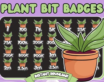 May include: A set of 16 digital badges featuring a potted plant with different numbers of plant bits, ranging from 1 to 3.5 million. The badges are designed in a cartoon style with a black background and white text. The text "PLANT BIT BADGES" is at the top of the image in green letters on a purple background. The text "INSTANT DOWNLOAD!" is at the bottom of the image in green letters on a white background.