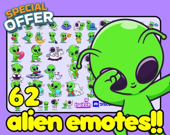 Puede incluir: Un conjunto de 62 emoticonos de extraterrestres verdes, con diversas expresiones y poses. Los emoticonos son de estilo de dibujos animados y presentan ojos grandes y antenas. El texto "62 alien emotes!" se muestra en letras amarillas sobre un fondo morado. El texto "SPECIAL OFFER" se muestra en letras naranjas sobre un fondo amarillo. El texto "twitch" y "discord" se muestra en letras blancas sobre un fondo azul.
