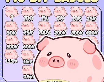 May include: A digital graphic featuring a collection of pink pig badges with varying numbers, including 1, 100, 1K, 5K, 10K, 25K, 50K, 75K, 100K, 200K, 300K, 400K, 500K, 600K, 1.25M, 1.5M, and 3.5M. The text "PIG BIT BADGES" is at the top, and "INSTANT DOWNLOAD!" is at the bottom.