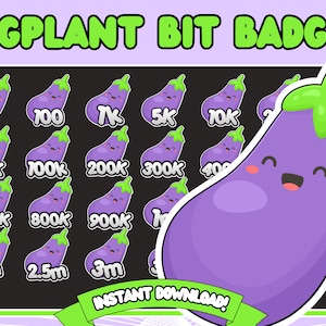 eggplant Bit Badges, Twitch Bit Badges, Cute Food Bit Badges, aubergine Bit Badges,  food emotes twitch, funny bit badges, egg plant twitch