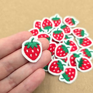 May include: Embroidered strawberry patches with red fruit, green leaves, and white borders. The patches are small, with a detailed design, and are suitable for fabric crafts, clothing embellishments, or scrapbooking projects. A hand holds one patch.
