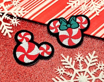 Mickey Minnie Christmas Patch, Peppermint Embroidery Patch for Clothing, Jackets, Jeans, Backpacks, Hats, Iron On Patch, Sew On Patch
