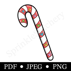 Puede incluir: Un bastón de caramelo rojo y blanco con cabezas de Mickey Mouse de colores.