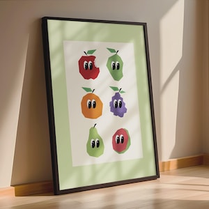 Cartaz de fruta feliz com olhos emoldurados | Ilustração de fruta de desenho animado em estilo geométrico, decoração colorida de quarto ou cozinha infantil
