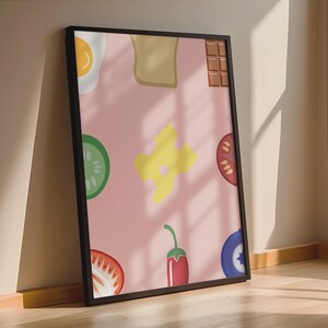 Póster enmarcado con un colorido patrón de comida | Lámina ilustrativa de cocina con huevo, queso, verduras y chocolate, diseño rosa alegre.