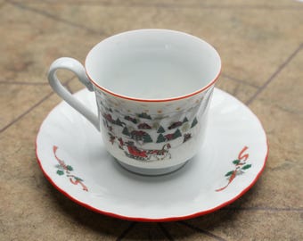 Vintage Kopin Christmas Pleasure Cup and Saucer Set – Festive Winter Scene with Red Rim