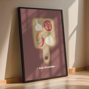 Poster con illustrazione di tagliere e spezie principali incorniciato | Stampa con aglio, cipolla, peperone e pomodoro, decorazione colorata per la cucina