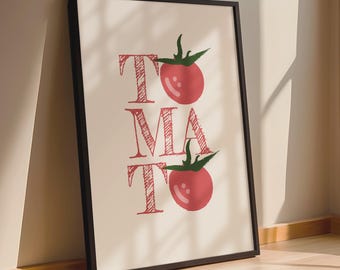 Pôster de tipografia de tomate | Ilustração de tomate vermelho com letras desenhadas à mão, decoração de cozinha retrô em estilo bege-avermelhado, impressão de comida emoldurada