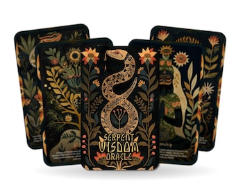 May include: A deck of oracle cards with a dark background and floral and snake illustrations. The central card features a golden snake design with the words "Serpent Wisdom Oracle". Other cards show similar botanical and figure illustrations.