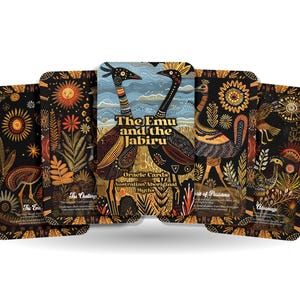May include: Oracle card deck titled "The Emu and the Jabiru" featuring Australian Aboriginal myths. The cards have a black background with colorful illustrations of emus, plants, and suns. The deck includes the text "Oracle Cards" and "Australian Aboriginal Myths."