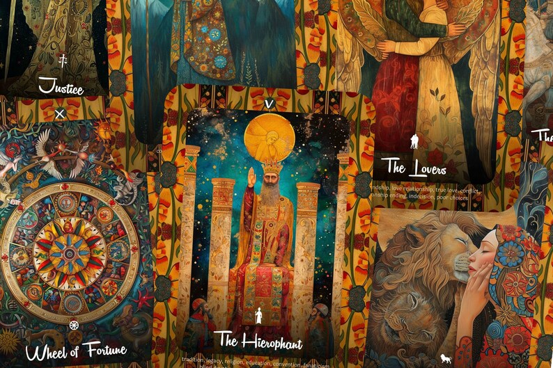 May include: A collection of tarot cards featuring detailed illustrations. The cards include "Justice," "Wheel of Fortune," "The Hierophant," and "The Lovers." Each card has a unique design with vibrant colors and symbolic imagery, set against a decorative floral background.