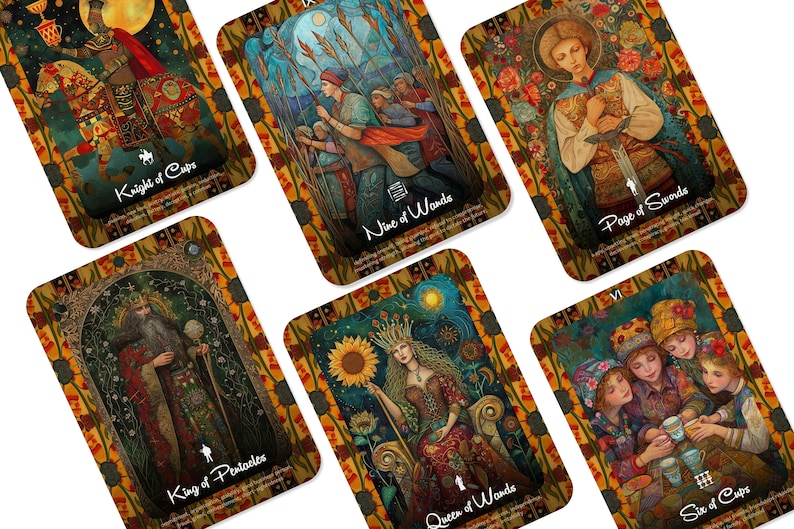 May include: A collection of tarot cards featuring detailed illustrations. The cards depict figures such as a knight, king, queen, and page, along with other symbolic imagery. Each card has a unique design with titles like "Knight of Cups" and "King of Pentacles".