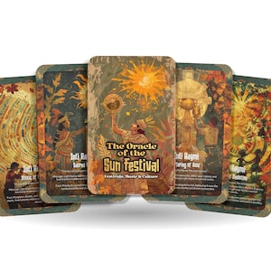 Könnte beinhalten: Ein Satz Orakelkarten mit Vintage-Ästhetik. Die zentrale Karte trägt die Aufschrift "The Oracle of the Sun Festival" mit Illustrationen von Figuren und Sonnensymbolen. Die Karten haben eine warme Farbpalette aus Braun-, Orange- und Grüntönen.