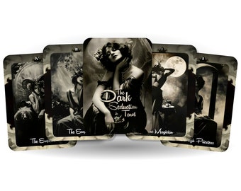 May include: A set of tarot cards with black and white illustrations of women in various poses. The cards are from the "The Dark Seduction Tarot" deck. The cards include The Empress, The Emperor, The Magician, and High Priestess.