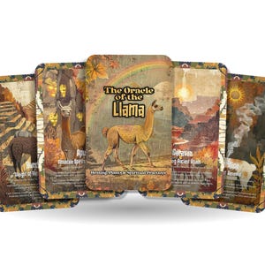 May include: A deck of oracle cards with llama illustrations and spiritual themes. The central card reads "The Oracle of the Llama" with a llama image and rainbow. Other cards depict mountains, sun, and text. The cards have a vintage aesthetic.