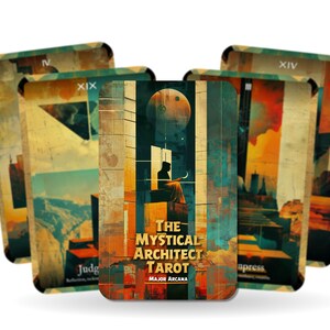 Puede incluir: Un juego de cartas de tarot con un dise&ntilde;o de estilo collage que presenta una ciudad y una luna. La carta en el frente dice "The Mystical Architect Tarot Major Arcana".