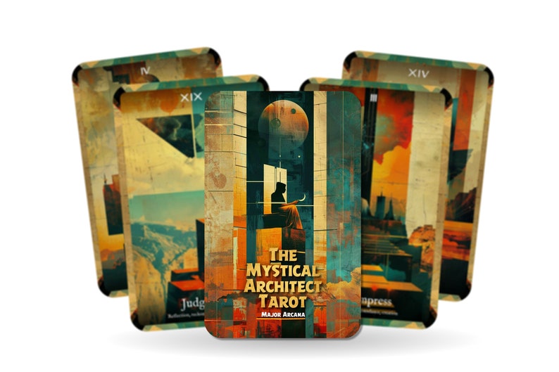 Puede incluir: Un juego de cartas de tarot con un dise&ntilde;o de estilo collage que presenta una ciudad y una luna. La carta en el frente dice "The Mystical Architect Tarot Major Arcana".