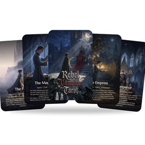 May include: A set of five rectangular tarot cards titled Rebel Vampires Tarot, featuring dark, atmospheric illustrations of figures in gothic settings. Each card displays a character, a title, and descriptive text in white font.
