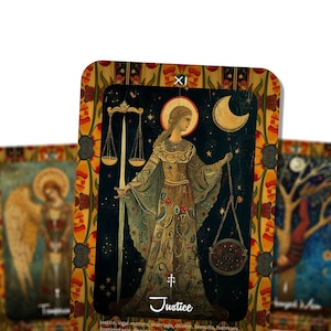 May include: Tarot cards featuring detailed illustrations. The Justice card shows a robed figure holding scales and a sword against a starry night sky. Other cards include an angel, a devil, and a tree. The cards have floral borders and the word "Justice".