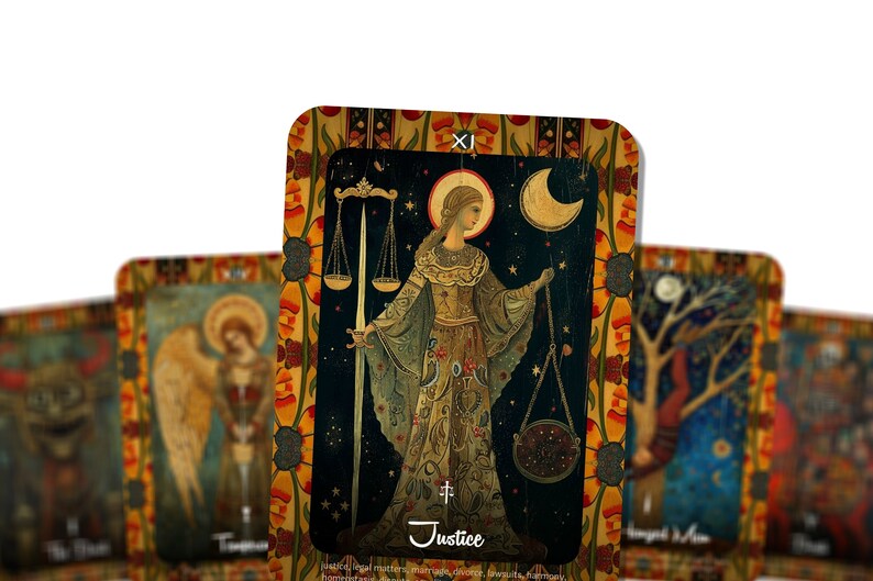 May include: Tarot cards featuring detailed illustrations. The Justice card shows a robed figure holding scales and a sword against a starry night sky. Other cards include an angel, a devil, and a tree. The cards have floral borders and the word "Justice".