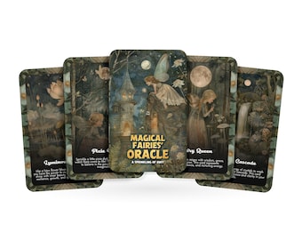 May include: A deck of "Magical Fairies' Oracle" cards. The cards feature illustrations of fairies, moons, and nature scenes. The central card displays the title and the phrase "A Sprinkling of Dust."