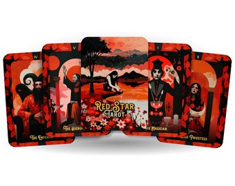 May include: Five tarot cards from the Red Star Tarot deck. The cards are The Emperor, The Hierophant, The Magician, The High Priestess, and The World. The cards are illustrated with dark, stylized figures and imagery in a red, black, and gold color scheme.