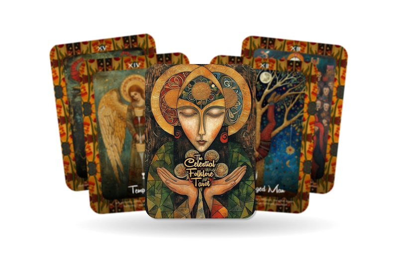 May include: A deck of The Celestial Folklore Tarot cards. The cards feature colorful illustrations with a celestial theme, including angels, trees, and figures. The central card displays a woman holding orbs. The deck has a decorative border and the text "The Celestial Folklore Tarot".