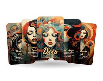 May include: A set of six oracle cards with colorful abstract designs and text. The cards feature a woman's face with closed eyes and a stylized background. The text on the cards includes "Ruling in the Deep Oracle Cards", "Descent Depth", "Strength Departure", "Royal's Insight", "Sublimated", and "Unveiled".