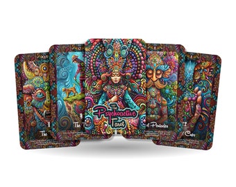 May include: A set of tarot cards with colorful, psychedelic designs. The cards feature images of a woman with a crown, a man with a beard, and a hand holding a cup. The cards are titled "The Psychoactive Tarot".