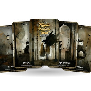 May include: Five tarot cards from the Mystic Shadows Tarot deck. The cards are arranged in a fan shape and show illustrations of figures and symbols. The cards are: The Hermit, The Empress, The Devil, High Priestess, and Emperor.