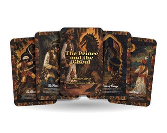 May include: A set of five oracle cards from the "The Prince and the Ghoul" deck. The cards feature illustrations of people in traditional Middle Eastern clothing, with a dark, mystical background. The cards are titled "The Ghoul's Power", "The Prince's Choice", "The Prince and the Ghoul", "Queen of Courage", and "Tower of Change".