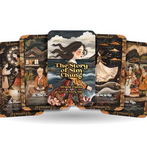 May include: A set of oracle cards featuring illustrations inspired by the Korean fairy tale "The Story of Sim Chung". The cards are decorated with intricate details and vibrant colors, including gold, red, blue, and green. Each card features a different scene from the story, with characters like Sim Chung, the blind father, and the dragon king.
