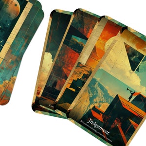 Puede incluir: Una carta del tarot de la baraja The Mystical Architect Tarot, que presenta un collage de im&aacute;genes con una combinaci&oacute;n de colores azul, verde y naranja. La carta est&aacute; numerada XIX y titulada "Juicio". El texto debajo del t&iacute;tulo dice "Reflexionar, ajustar cuentas, despertar, renovar."