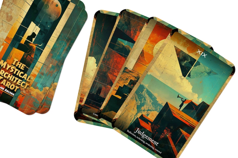 Puede incluir: Una carta del tarot de la baraja The Mystical Architect Tarot, que presenta un collage de im&aacute;genes con una combinaci&oacute;n de colores azul, verde y naranja. La carta est&aacute; numerada XIX y titulada "Juicio". El texto debajo del t&iacute;tulo dice "Reflexionar, ajustar cuentas, despertar, renovar."
