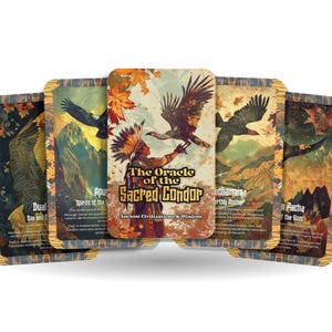 Może przedstawiać: Talia kart wyroczni o estetyce vintage. Karty przedstawiają ilustracje kondorów, krajobrazów i postaci rdzennej. Centralna karta głosi "The Oracle of the Sacred Condor" z podtytułem "Ancient Civilizations & Wisdom."