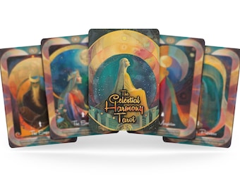 以下が含まれることがあります： カラフルなイラストが描かれたタロットカードのセットで、表のカードには「The Celestial Harmony Tarot」というタイトルが書かれています。