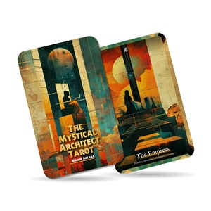 Puede incluir: Dos cartas de tarot de la baraja The Mystical Architect Tarot. La carta de la izquierda es la carta del Arcano Mayor. La carta de la derecha es la carta de la Emperatriz, con el texto "Fertilidad, crianza, abundancia, creaci&oacute;n".