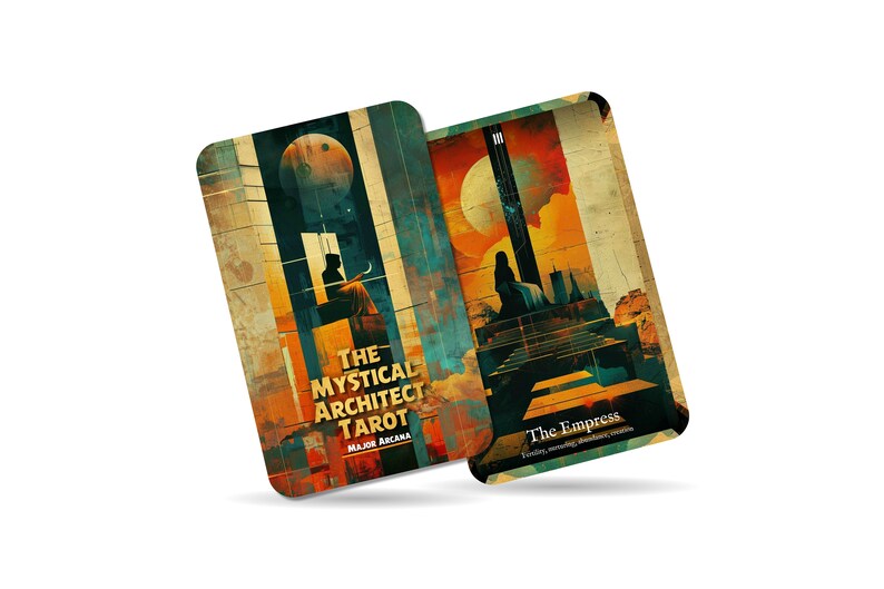 Puede incluir: Dos cartas de tarot de la baraja The Mystical Architect Tarot. La carta de la izquierda es la carta del Arcano Mayor. La carta de la derecha es la carta de la Emperatriz, con el texto "Fertilidad, crianza, abundancia, creaci&oacute;n".