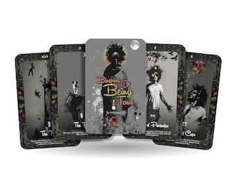 May include: Five tarot cards from the Blueprint Of Being Tarot deck. The cards are laid out in a fan shape. The cards are black and white with colorful accents. The cards are titled "The Tower", "The Fool", "Blueprint Of Being Tarot", "4 of Pentacles", and "1 of Cups".