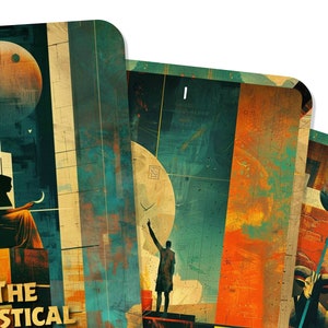 Puede incluir: Tres cartas con un dise&ntilde;o vintage y abstracto. Cada carta presenta una imagen diferente con una persona, una luna y un planeta. El texto "THE MYSTICAL" est&aacute; en la parte inferior de la primera carta.